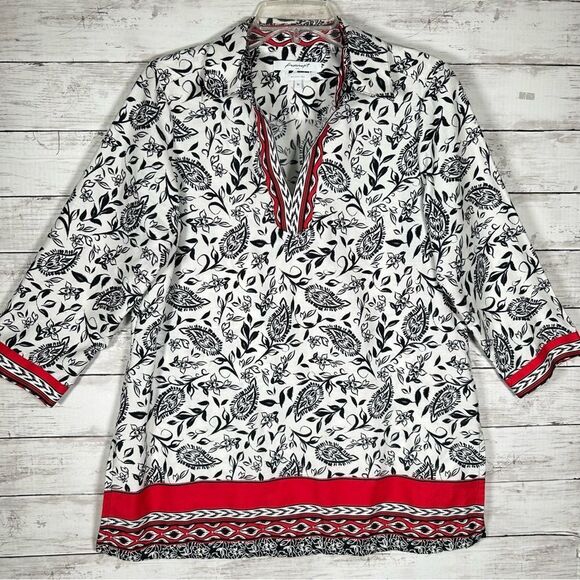 Foxcroft Wrinkle Free Cotton 3/4 Sleeve Tunic White Black Red Blouse Top 10 - Picture 2 of 9